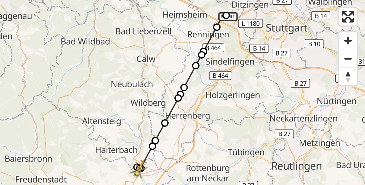 Flugroute Rettungshubschrauber Leonberg Hospital - Eutingen im Gäu, 16 Mai 2026, 13:55