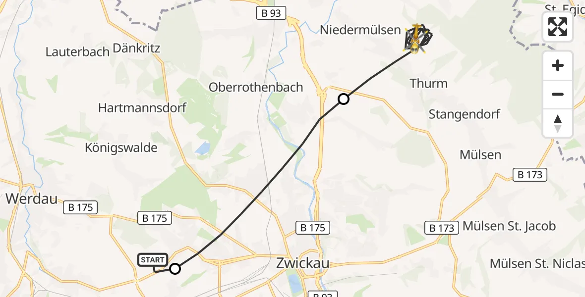 Flugroute Rettungshubschrauber ADAC Air Rescue Station Zwickau Hubschrauberlandeplatz - Mülsen, 16 Mai 2026, 13:55