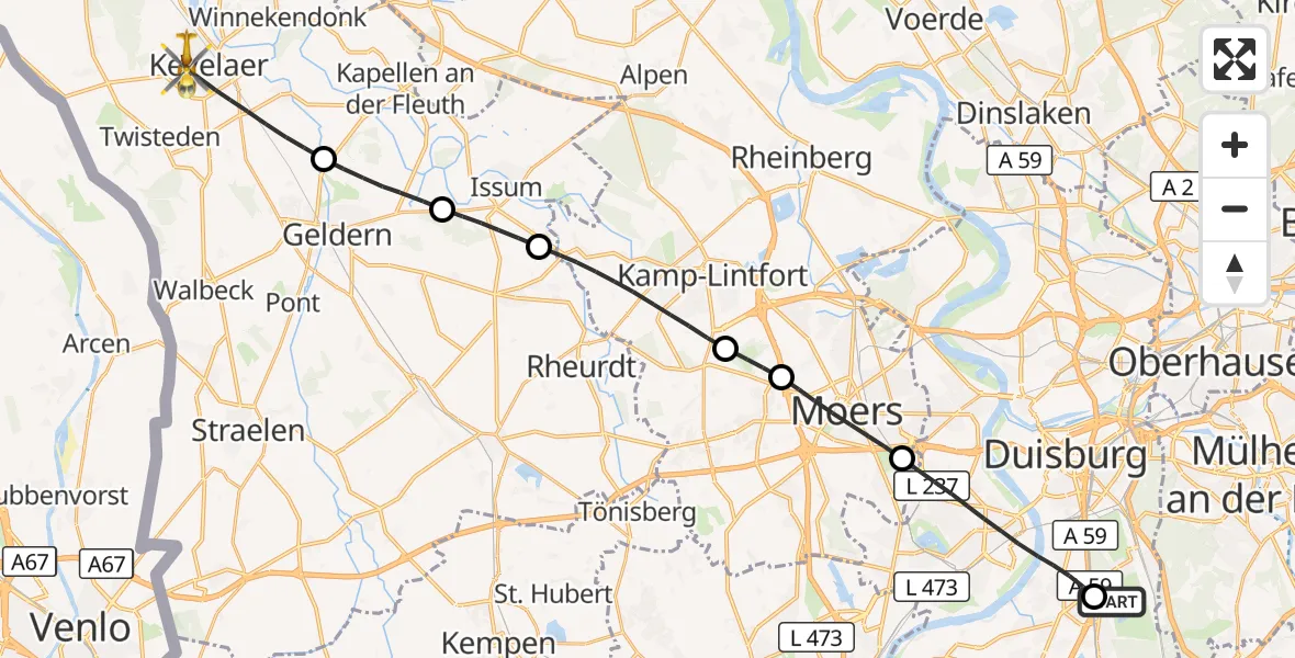 Flugroute Rettungshubschrauber Duisburg Air Rescue Hubschrauberlandeplatz (Christoph 9) - Kevelaer, 16 Mai 2026, 13:58