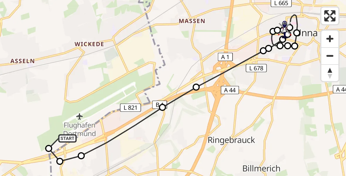Flugroute Polizeihubschrauber Dortmund Flughafen - Christian Hospital Unna Central, 16 Mai 2026, 14:04