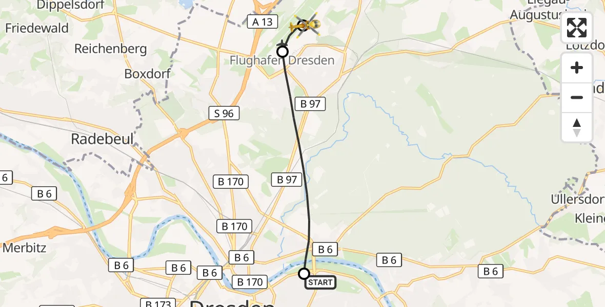 Flugroute Rettungshubschrauber Dresden University Hospital - Dresden Bundespolizei Hubschrauberlandeplatz, 16 Mai 2026, 14:04