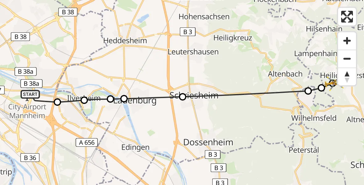 Flugroute Rettungshubschrauber Mannheim-City Flughafen - Heiligkreuzsteinach, 16 Mai 2026, 14:05