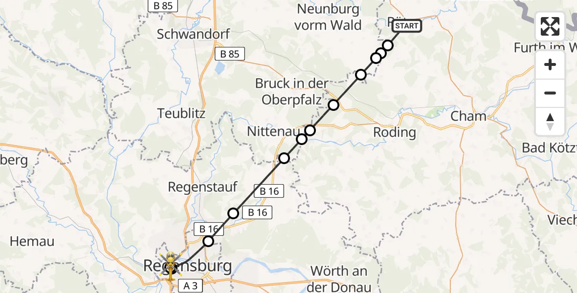 Flugroute Rettungshubschrauber Rötz - Barmherzige Brüder (Brothers of Mercy) Hospital Regensburg, 16 Mai 2026, 14:18