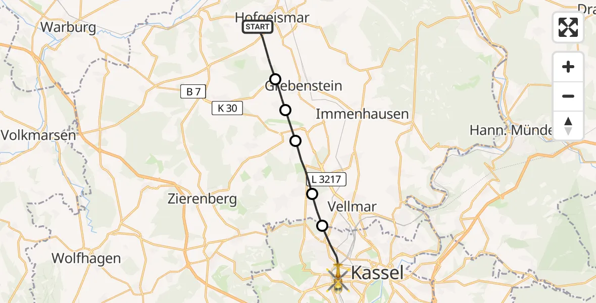 Flugroute Rettungshubschrauber Hofgeismar - Kassel, 16 Mai 2026, 14:21