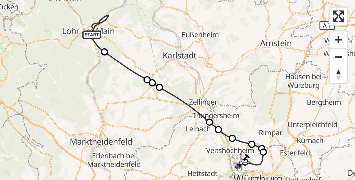 Flugroute Polizeihubschrauber Lohr a.Main - Würzburg-Schenkenturm Flugplatz, 16 Mai 2026, 14:24