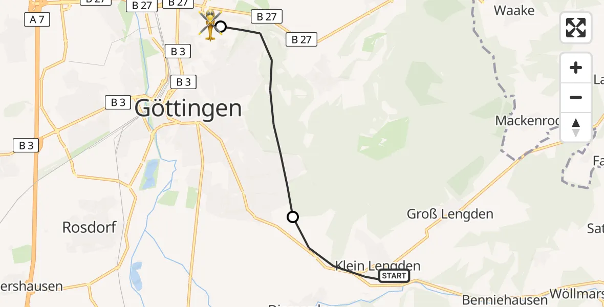 Flugroute Rettungshubschrauber Gleichen - Göttingen University Clinic Hubschrauberlandeplatz, 16 Mai 2026, 14:25