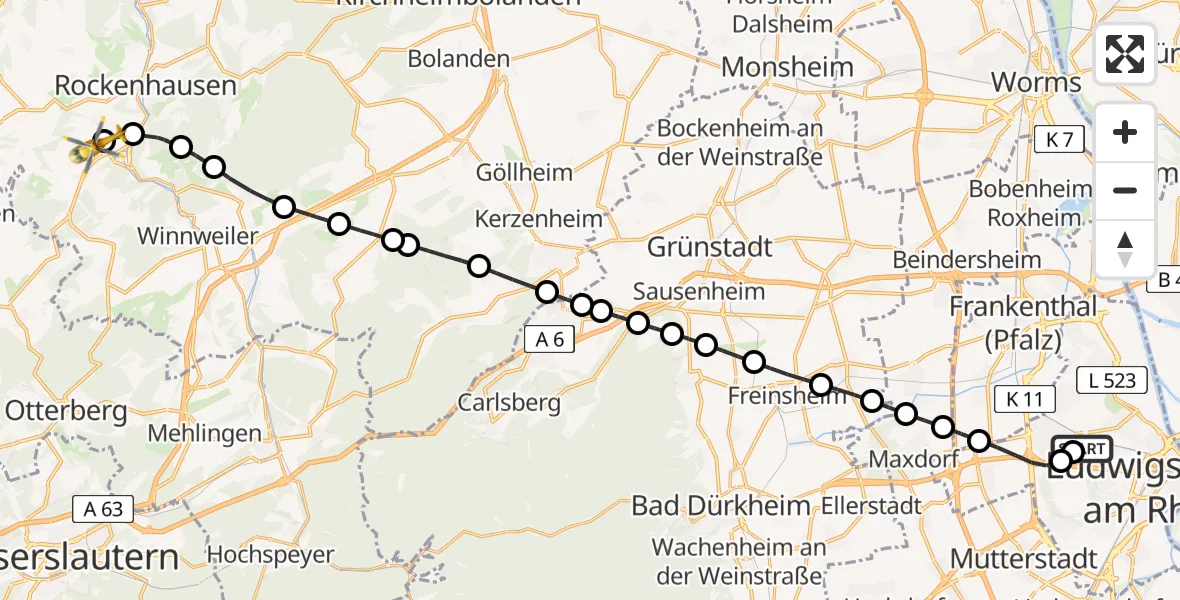 Flugroute Rettungshubschrauber Ludwigshafen Accident Hospital - Imsweiler UL, 16 Mai 2026, 14:26