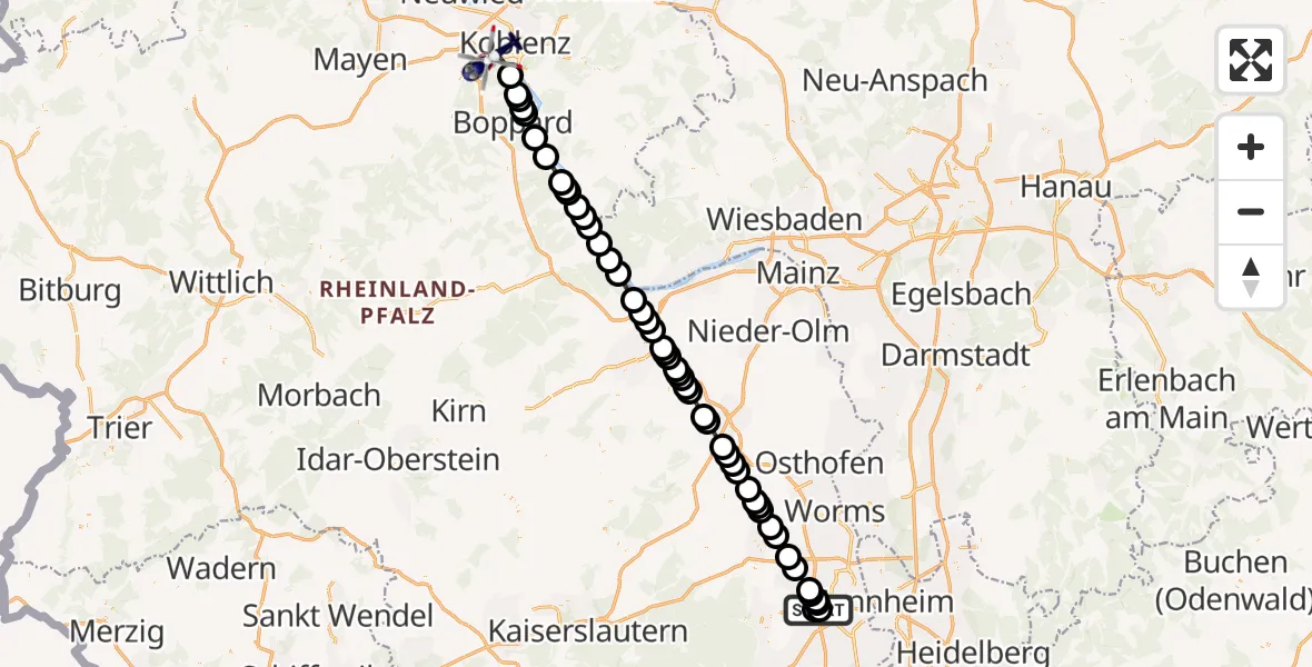 Flugroute Polizeihubschrauber Autobahnpolizei Ruchheim Hubschrauberlandeplatz - Koblenz, 16 Mai 2026, 14:26