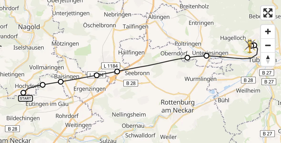 Flugroute Rettungshubschrauber Eutingen im Gäu - Tübingen Trauma Hospital, 16 Mai 2026, 14:29