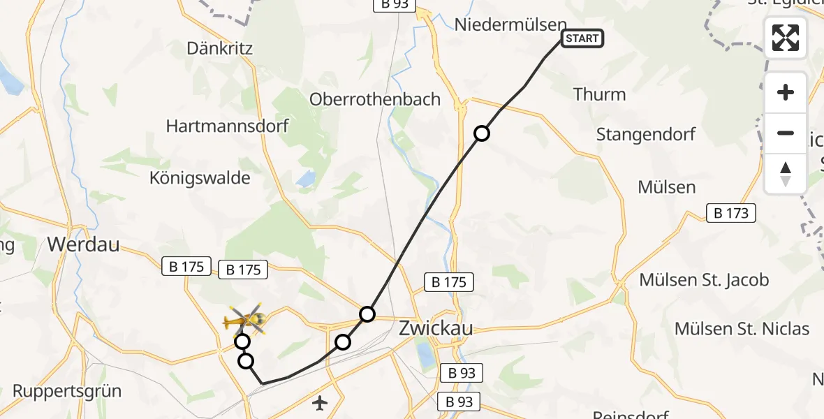 Flugroute Rettungshubschrauber Mülsen - ADAC Air Rescue Station Zwickau Hubschrauberlandeplatz, 16 Mai 2026, 14:34