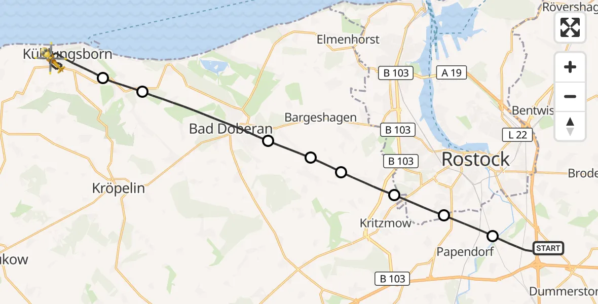 Flugroute Ambulanzhubschrauber Dummerstorf - Kühlungsborn, 16 Mai 2026, 14:40