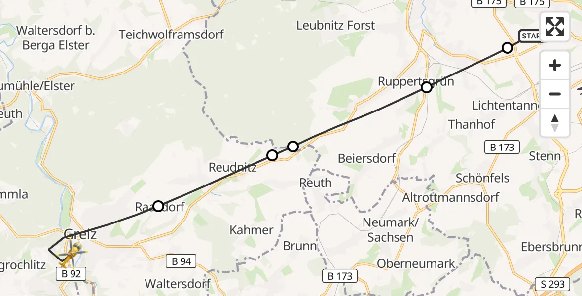 Flugroute Rettungshubschrauber ADAC Air Rescue Station Zwickau Hubschrauberlandeplatz - Greiz, 16 Mai 2026, 14:44