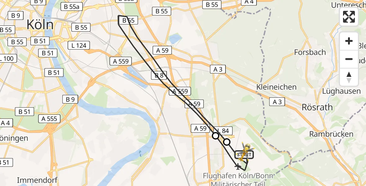 Flugroute Rettungshubschrauber Köln Bonn Flughafen - Köln Bonn Flughafen, 16 Mai 2026, 14:48