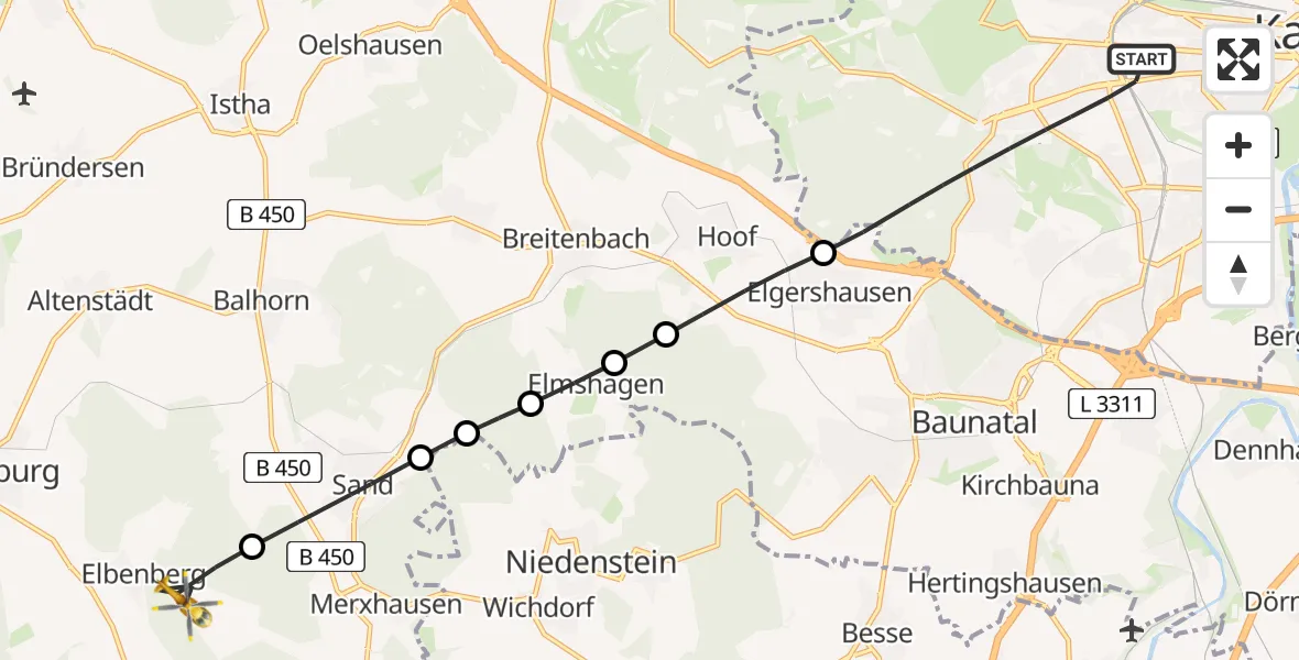 Flugroute Rettungshubschrauber Kassel - Naumburg, 16 Mai 2026, 14:56