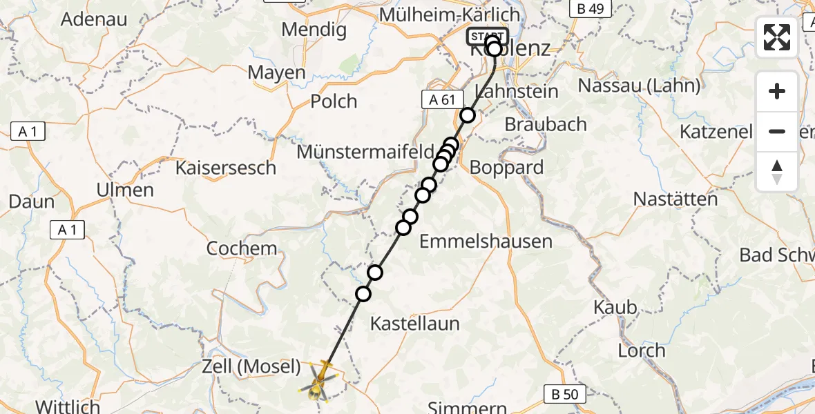 Flugroute Rettungshubschrauber Koblenz - Peterswald-Löffelscheid, 16 Mai 2026, 14:57