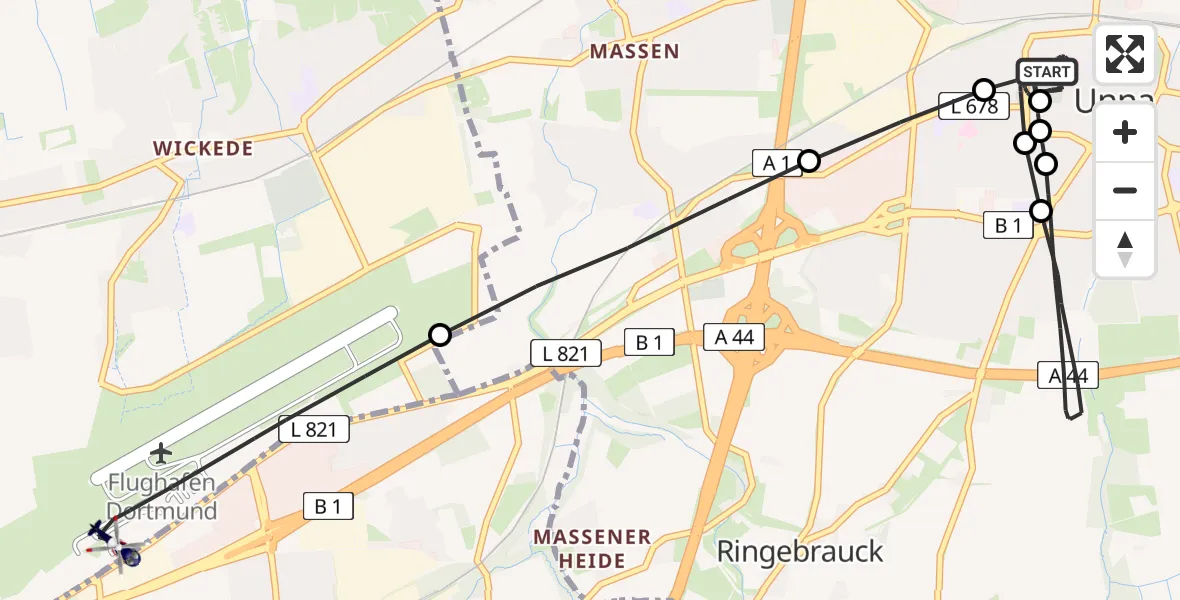 Flugroute Polizeihubschrauber Christian Hospital Unna Central - Dortmund Flughafen, 16 Mai 2026, 15:00