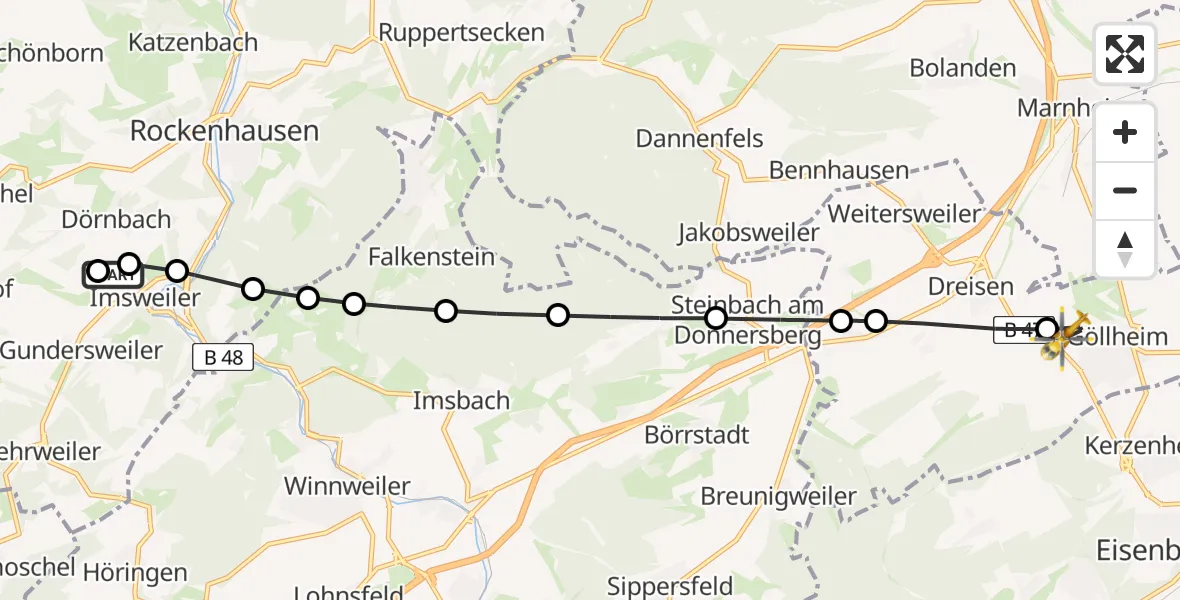 Flugroute Rettungshubschrauber Imsweiler UL - Göllheim, 16 Mai 2026, 15:02