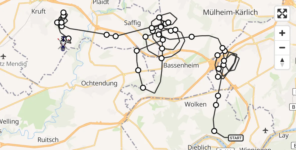 Flugroute Polizeihubschrauber Winningen - Kruft, 16 Mai 2026, 15:07