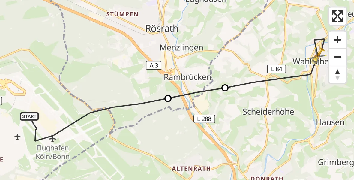 Flugroute Rettungshubschrauber Köln Bonn Flughafen - Lohmar, 16 Mai 2026, 15:09