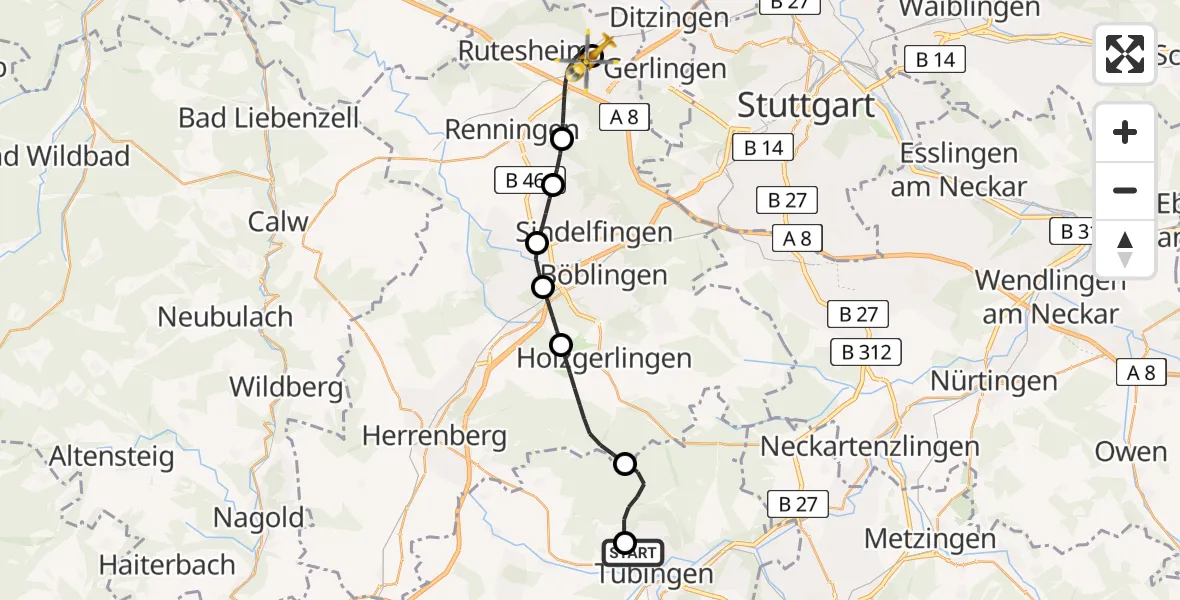 Flugroute Rettungshubschrauber Tübingen Trauma Hospital - Leonberg Hospital, 16 Mai 2026, 15:10