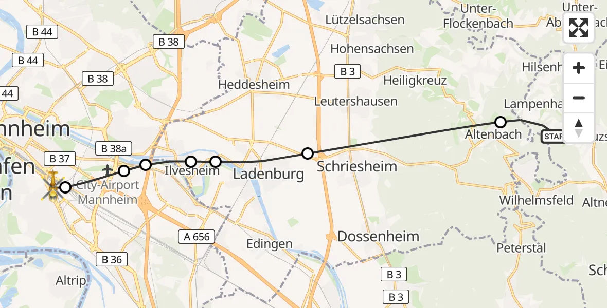Flugroute Rettungshubschrauber Heiligkreuzsteinach - Mannheim, 16 Mai 2026, 15:10