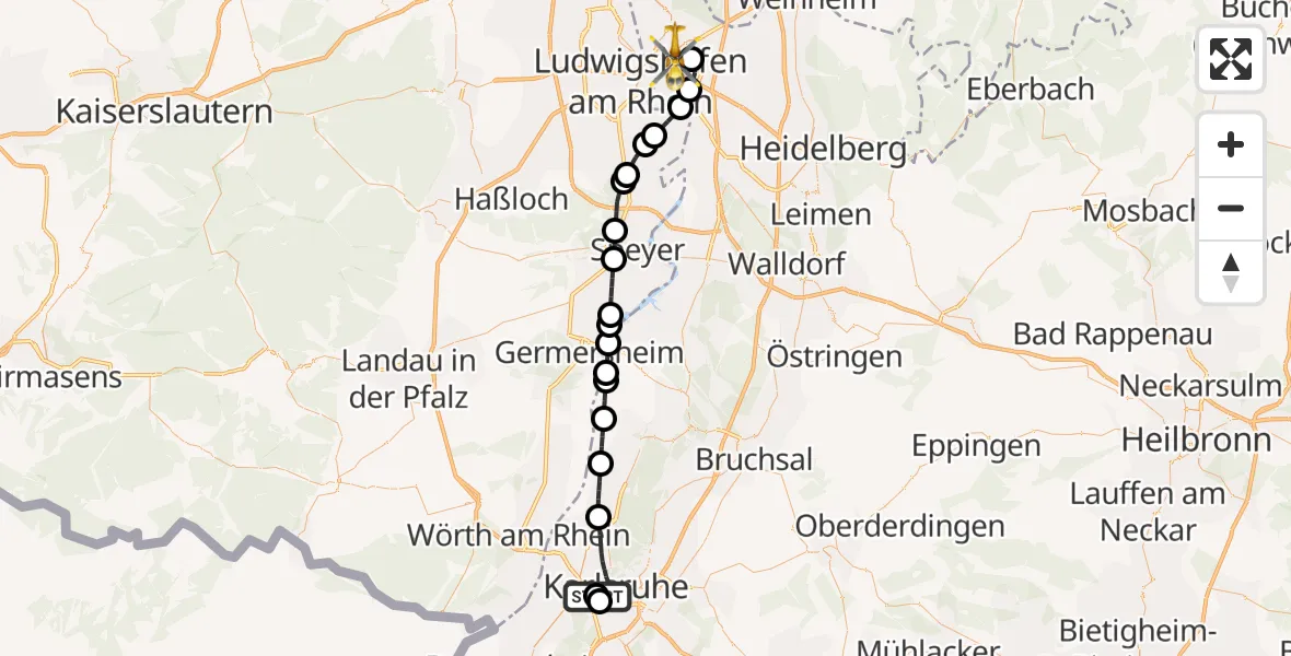 Flugroute Rettungshubschrauber Sankt Vincentius Hospital - Mannheim, 16 Mai 2026, 15:13