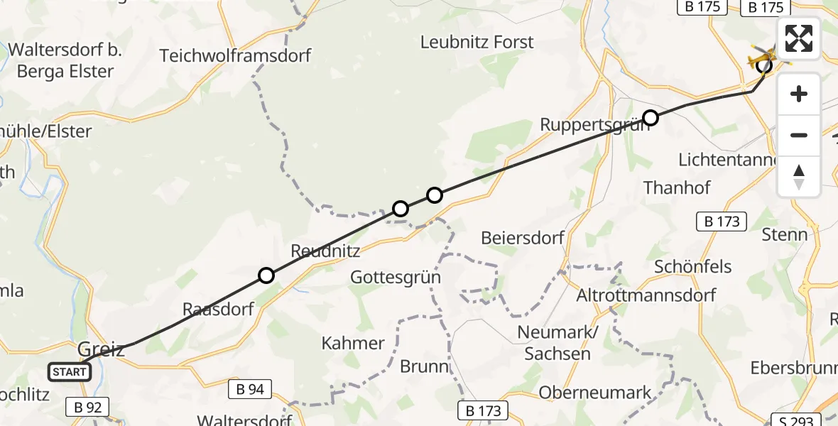Flugroute Rettungshubschrauber Greiz - ADAC Air Rescue Station Zwickau Hubschrauberlandeplatz, 16 Mai 2026, 15:18