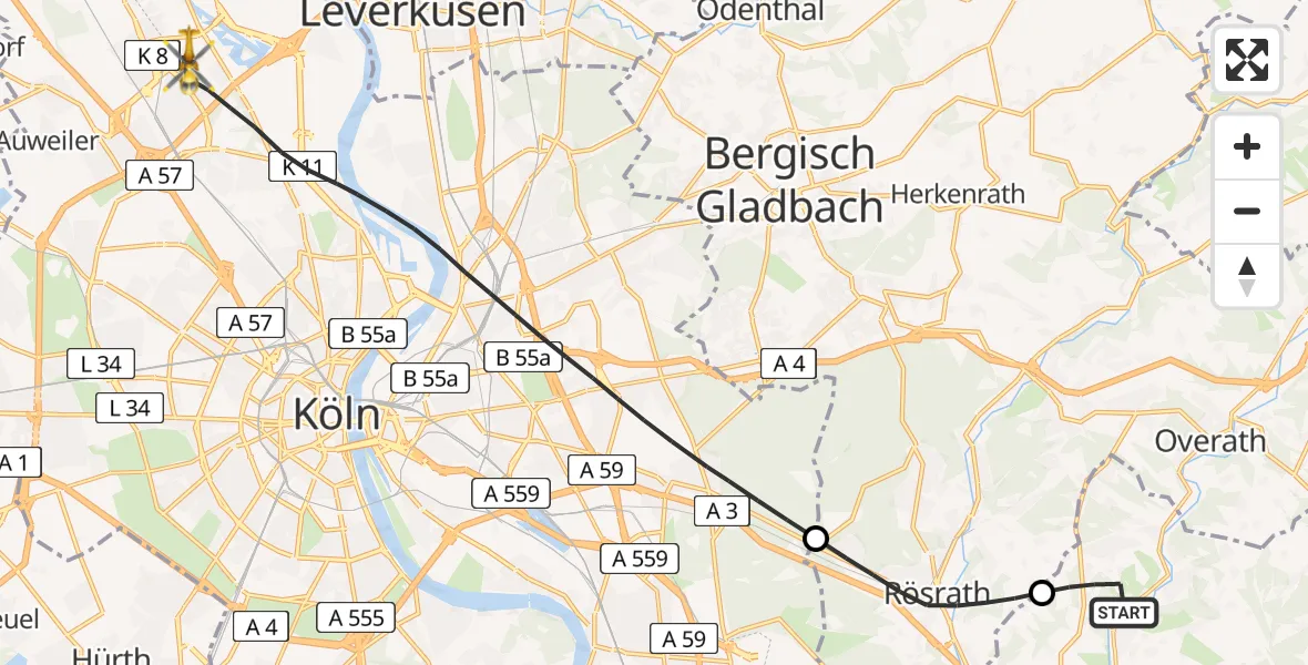 Flugroute Rettungshubschrauber Lohmar - Köln, 16 Mai 2026, 15:33