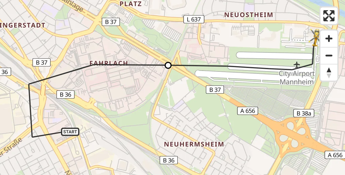 Flugroute Rettungshubschrauber Mannheim - Mannheim-City Flughafen, 16 Mai 2026, 15:33