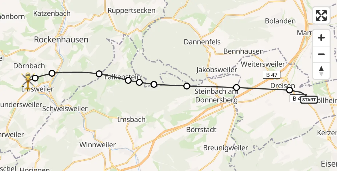 Flugroute Rettungshubschrauber Göllheim - Imsweiler UL, 16 Mai 2026, 15:35