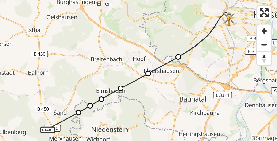 Flugroute Rettungshubschrauber Bad Emstal - Kassel, 16 Mai 2026, 15:38
