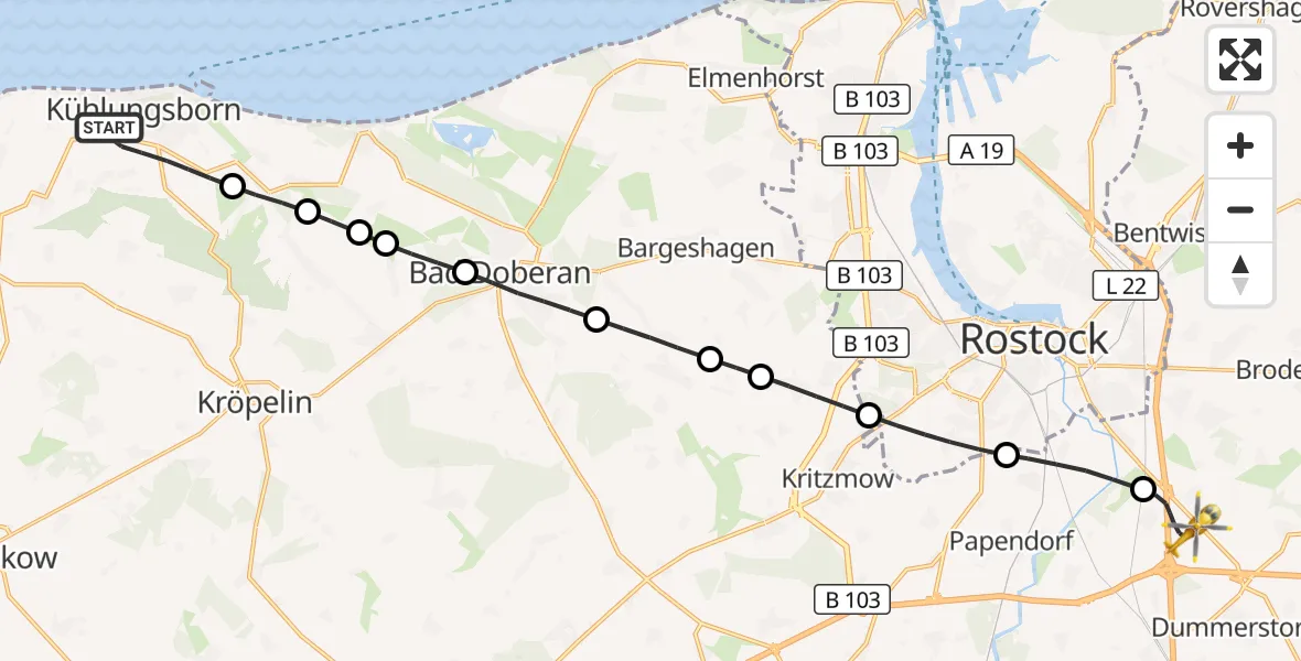 Flugroute Ambulanzhubschrauber Kühlungsborn - Dummerstorf, 16 Mai 2026, 15:45
