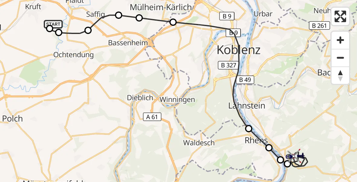 Flugroute Polizeihubschrauber Plaidt - Braubach, 16 Mai 2026, 15:45
