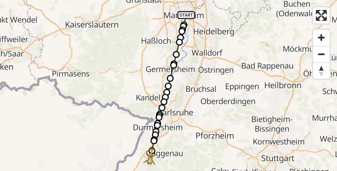 Flugroute Rettungshubschrauber Mannheim - Baden-Baden, 16 Mai 2026, 15:46
