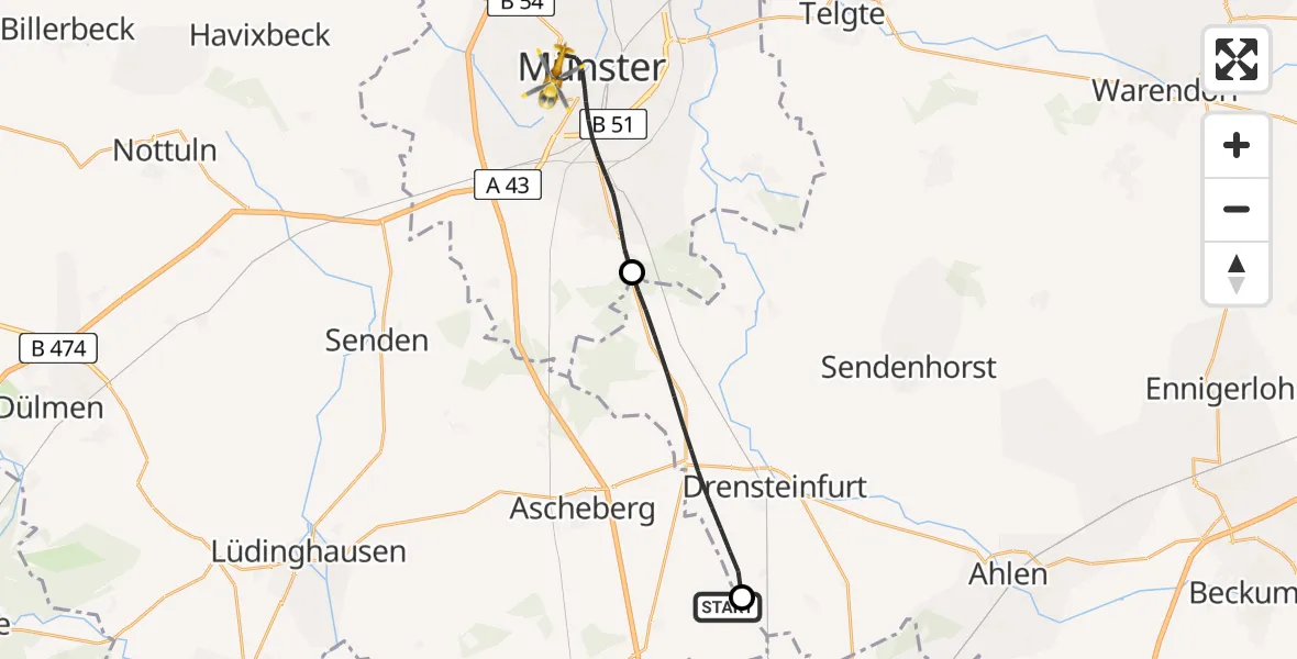 Flugroute Rettungshubschrauber Ascheberg - Münster, 16 Mai 2026, 15:48