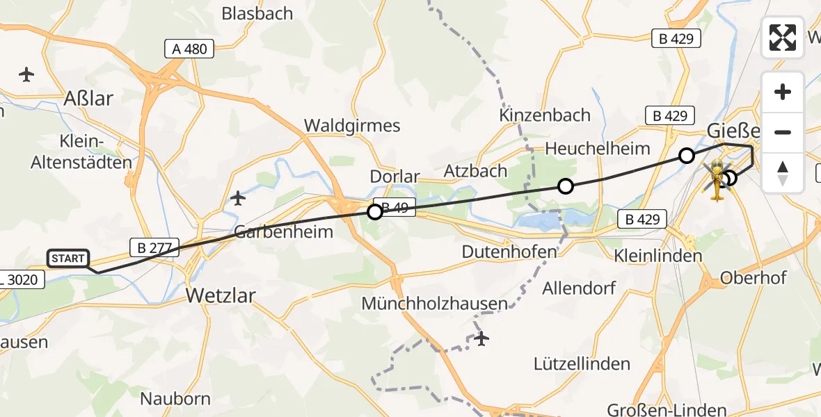 Flugroute Rettungshubschrauber Wetzlar - Gießen University Hospital, 16 Mai 2026, 15:50