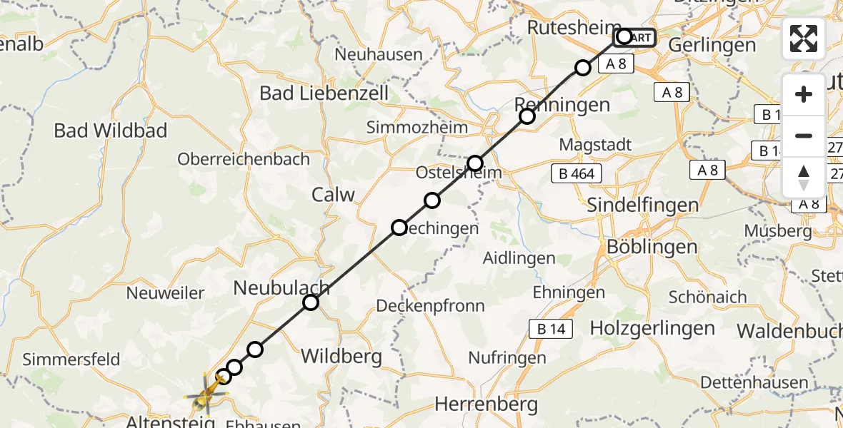 Flugroute Rettungshubschrauber Leonberg Hospital - Ebhausen, 16 Mai 2026, 16:06