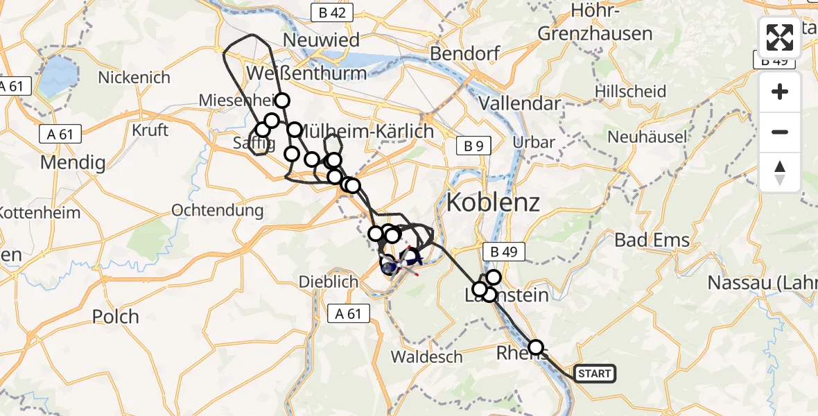 Flugroute Polizeihubschrauber Braubach - Koblenz-Winningen Flugplatz, 16 Mai 2026, 16:06