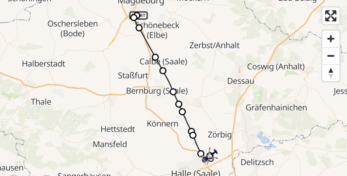 Flugroute Polizeihubschrauber Magdeburg City Flugplatz - Halle-Oppin Flugplatz, 16 Mai 2026, 16:08
