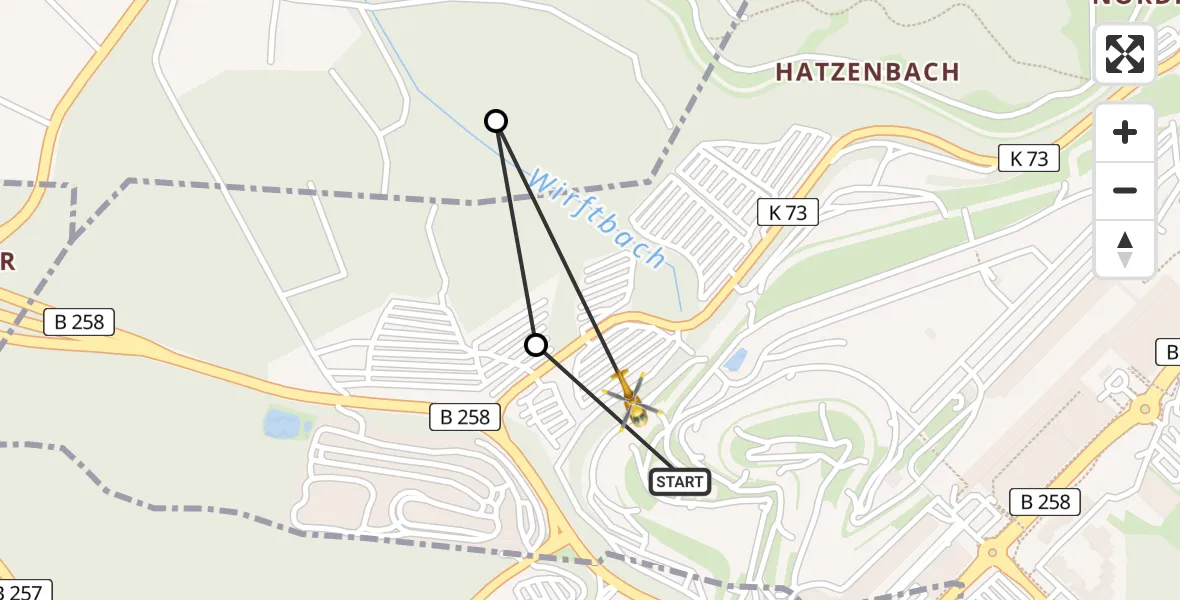 Flugroute Ambulanzhubschrauber Nürburgring Hubschrauberlandeplatz - Nürburg, 16 Mai 2026, 16:11