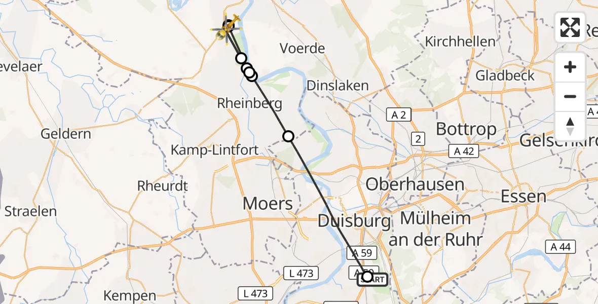 Flugroute Rettungshubschrauber Duisburg Air Rescue Hubschrauberlandeplatz (Christoph 9) - Rheinberg, 16 Mai 2026, 16:18