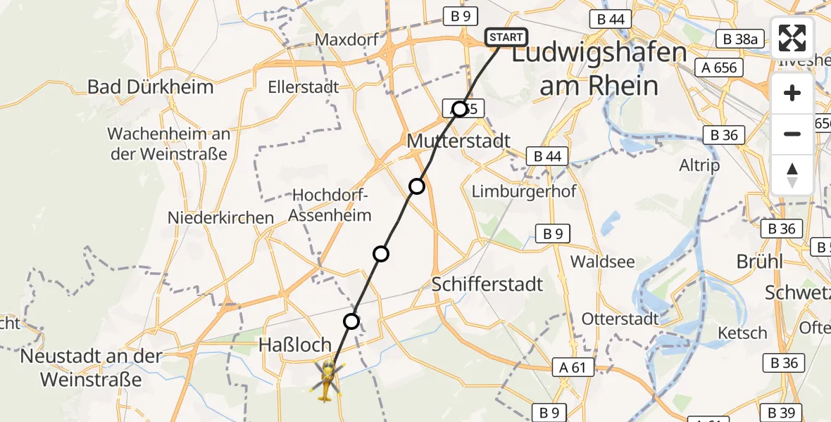Flugroute Rettungshubschrauber Ludwigshafen am Rhein - Haßloch, 16 Mai 2026, 16:22