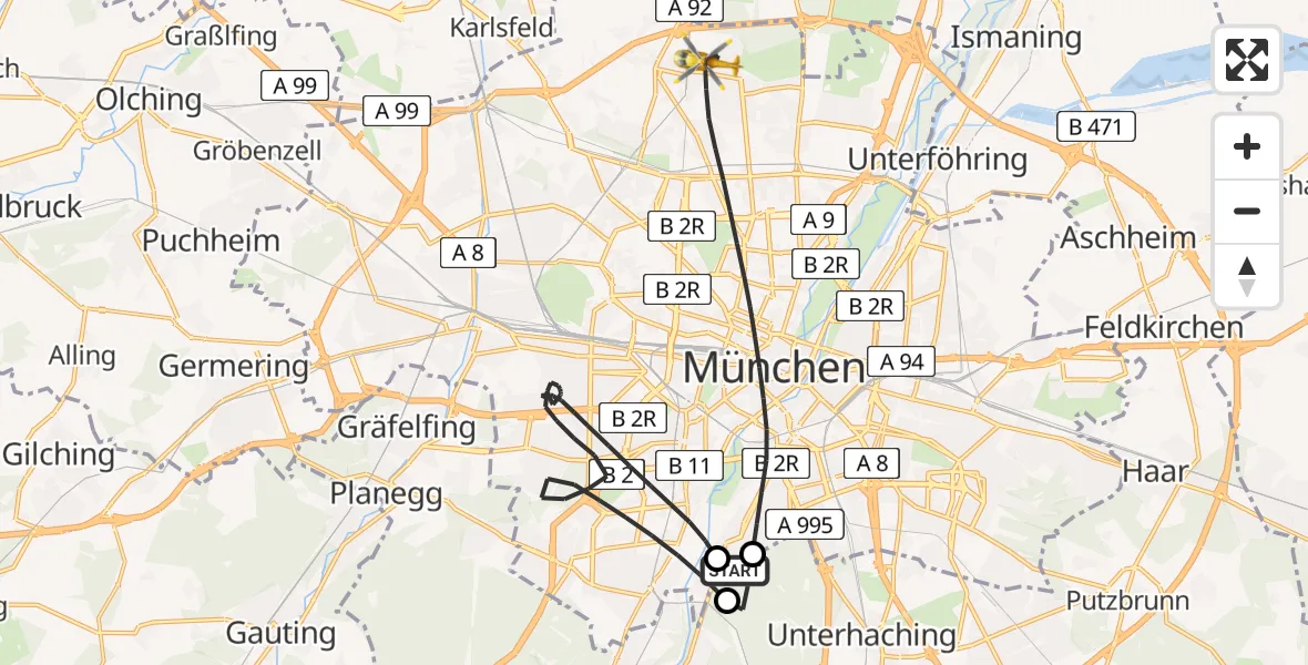 Flugroute Rettungshubschrauber ADAC Air Rescue Center Hubschrauberlandeplatz (Christoph 1) - München, 16 Mai 2026, 16:24
