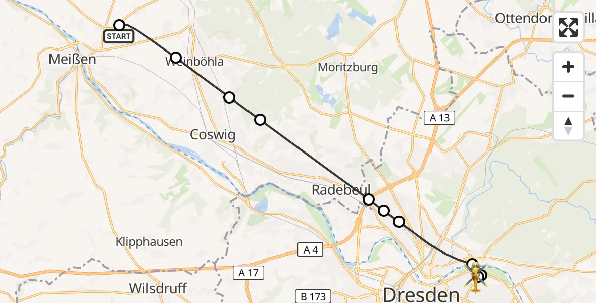 Flugroute Rettungshubschrauber Meißen - Dresden University Hospital, 16 Mai 2026, 16:28
