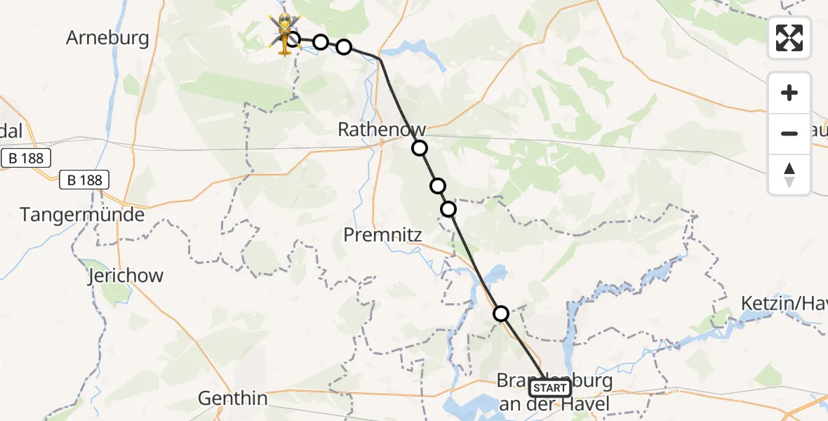 Flugroute Rettungshubschrauber Brandenburg an der Havel - Schollene, 16 Mai 2026, 16:28