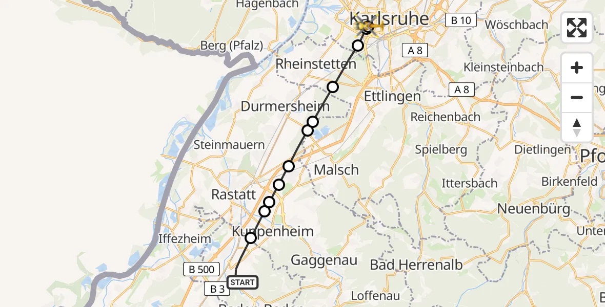 Flugroute Rettungshubschrauber Baden-Baden - Sankt Vincentius Hospital, 16 Mai 2026, 16:34