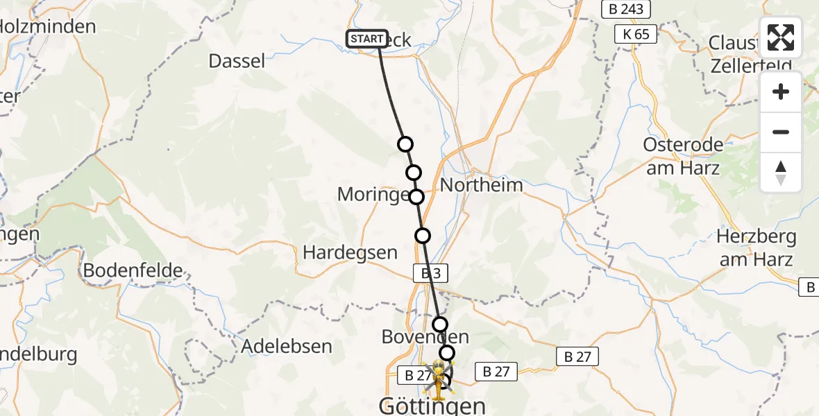 Flugroute Rettungshubschrauber Einbeck - Göttingen University Clinic Hubschrauberlandeplatz, 16 Mai 2026, 16:40