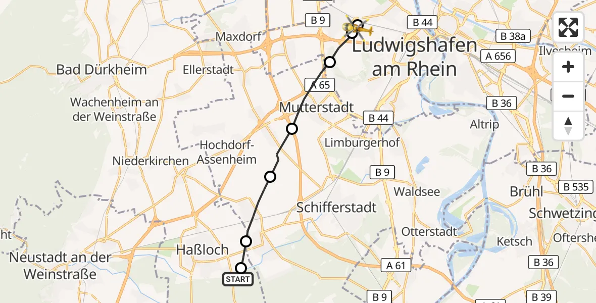 Flugroute Rettungshubschrauber Haßloch - Ludwigshafen Accident Hospital, 16 Mai 2026, 16:44