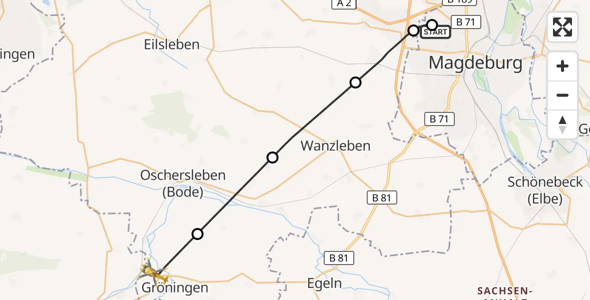 Flugroute Rettungshubschrauber Magdeburg Hospital - Gröningen, 16 Mai 2026, 16:45