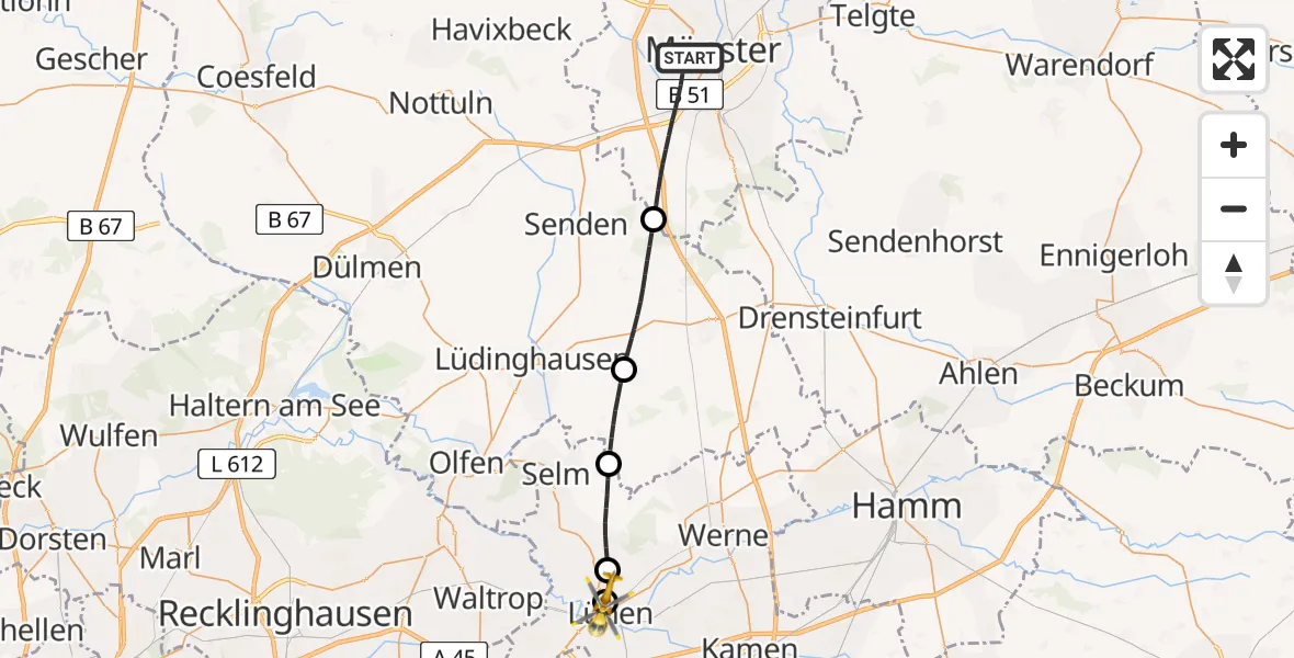 Flugroute Rettungshubschrauber Münster - Sankt Marien Hospital, 16 Mai 2026, 16:50